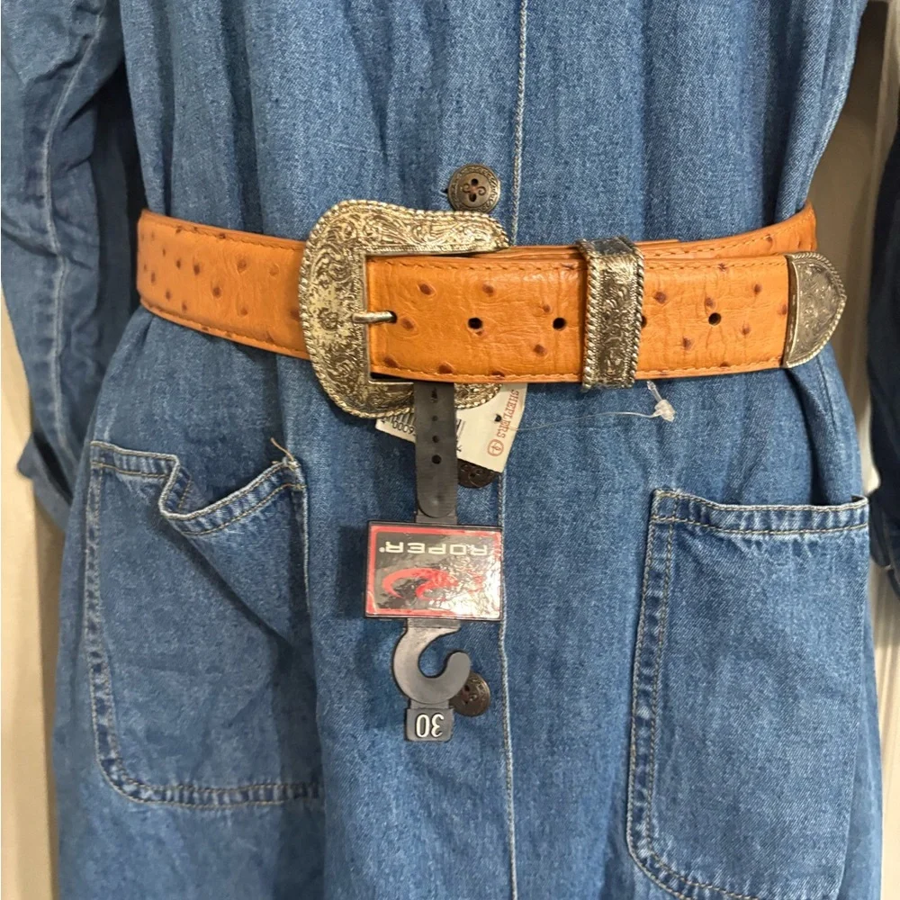 Roper Tan Ostrich-Texture Belt with Silver Western Buckle